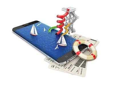 商业手机摄影照片_3d 智能手机的插图，水上有帆船，水上乐园，在线旅游概念。
