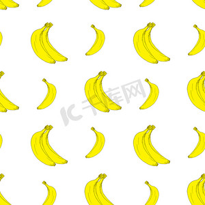 水果背景无缝图案与手绘草图香蕉矢量图