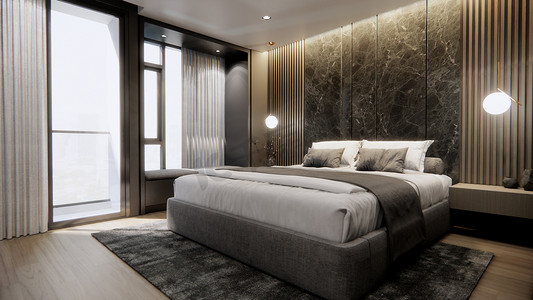 带双人床和大理石墙的现代豪华卧室内部，3D 渲染
