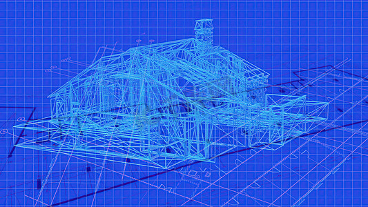 3D 插图 - 地板设计的技术绘图，绘制有非常详细的细节和现成的房屋 3D 模型