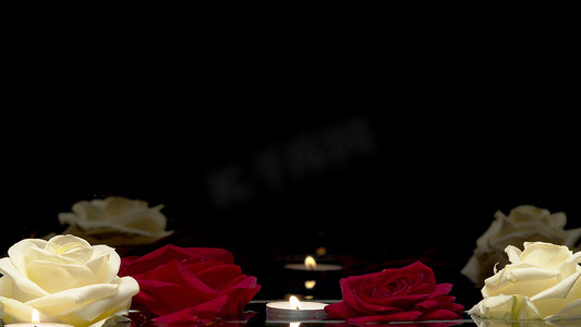 游动摄影照片_蜡烛和玫瑰在水面上游动