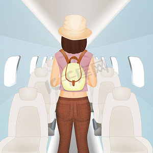 飞机上提着手提行李的女孩
