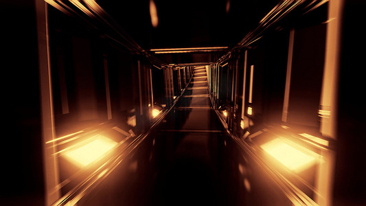 未来派干净的科幻玻璃隧道走廊与发光灯 3d 插图壁纸背景，