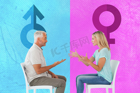 吵架符号摄影照片_坐在椅子上吵架的不幸夫妻的合成形象