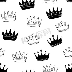 公主手绘皇冠摄影照片_皇冠无缝图案，手绘皇家涂鸦背景，矢量图
