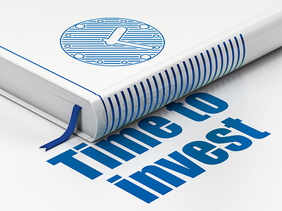 时间轴概念：书时钟，白色背景下的投资时间