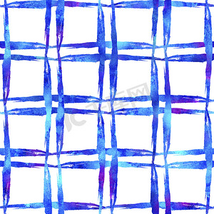 水彩画笔格子无缝图案手绘检查田庄几何设计蓝色。