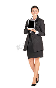 屏手机摄影照片_拿着黑屏手机平板电脑的女商人。