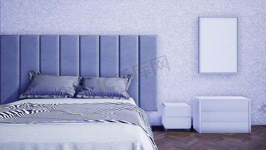 带双人床和家具的现代卧室内部，3d 渲染背景