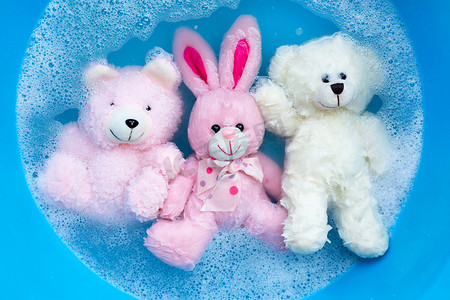 将带玩具熊的兔子娃娃浸泡在洗衣粉水中 diss