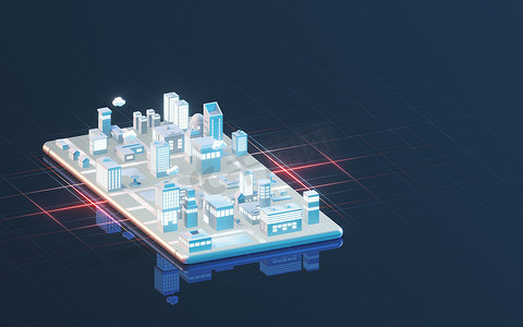 智能手机和城市之间的信息传输，3D 渲染。