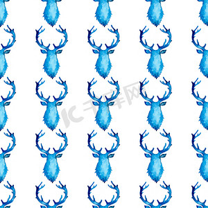 驯鹿圣诞水彩鹿鹿无缝图案蓝色。