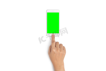 女人的手用手指触摸手机按钮，从顶部看有空白的绿色屏幕，在白色背景上与剪辑路径隔离