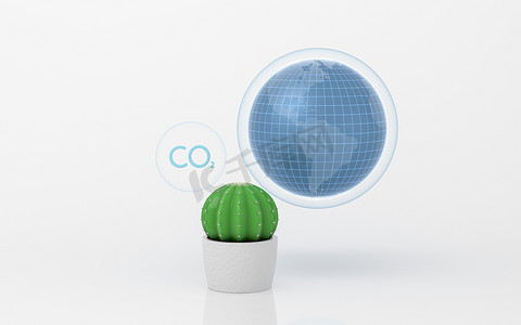 碳排放和仙人球有白色背景，3D 渲染。