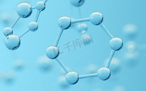 化学分子有蓝色背景，3D 渲染。