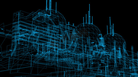 工业建筑摄影照片_3d 渲染-工业建筑的线框模型