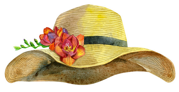 小苍兰水彩女式黄色夏季帽子