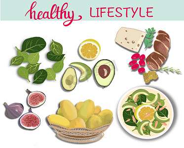 插图食品摄影照片_插图与新鲜有机健康食品。