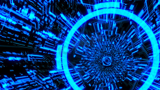 蓝色主题背景 Ver.5 中间带有数字圆圈的 3D 数字电路系统隧道和波浪