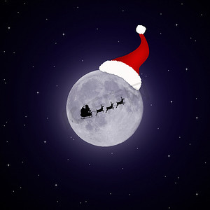 满月喜摄影照片_带着圣诞帽的满月