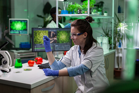 植物学家研究员医生用叶子样本分析玻璃