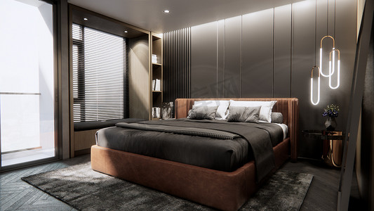 现代双人床摄影照片_带双人床的现代豪华卧室内部，3D 渲染