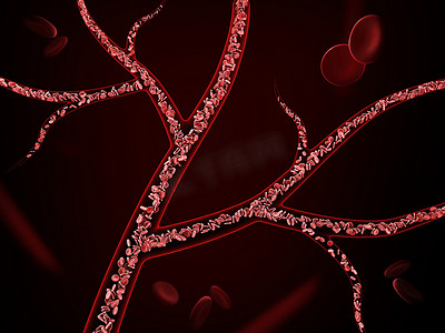 生死攸关摄影照片_黑色背景下静脉中红细胞的 3d 插图