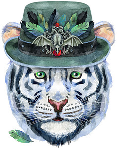 魔法师摄影照片_五颜六色的白老虎在万圣节帽子与乌鸦头骨和羽毛。