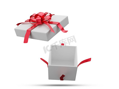 有红丝带3D渲染集4的白色礼品盒在白色背景上与剪裁路径。