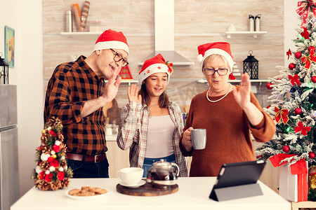 侄女和祖父母庆祝圣诞节在网上通话中打招呼