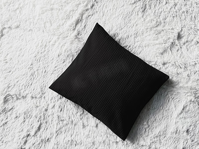 白色蓬松格子毯子上的黑色垫子枕头作为平躺背景、卧室顶视图和家居装饰