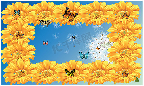 蝴蝶正坐在天空背景框架上的花上采蜜