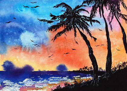 水彩热带树摄影照片_棕榈树水彩插图原创艺术热带海滩艺术绘画在纸上。