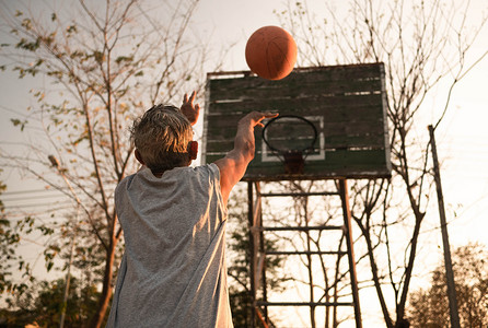 打篮球背景摄影照片_夏日在操场上打篮球的亚洲老人。