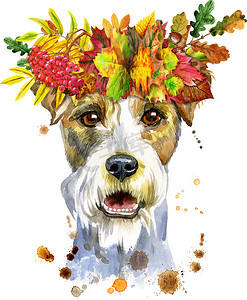 树叶花环摄影照片_秋叶花环中大狗梗犬的水彩肖像