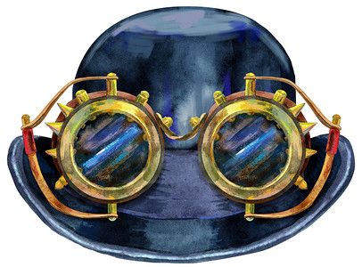 戴着蒸汽朋克眼镜的水彩黑帽圆顶硬礼帽。