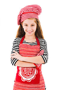红色围裙和烘烤手套的女孩