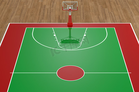 篮球场木地板摄影照片_有木地板的篮球场， 3d翻译。