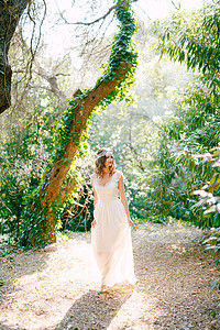 新娘站在风景如画的公园里长满常春藤的美丽树旁