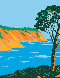 克罗港国家公园或克罗港国家公园位于地中海克罗港岛法国装饰艺术 WPA 海报艺术