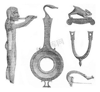 在多多纳废墟中发现的奉献物和各种青铜器，