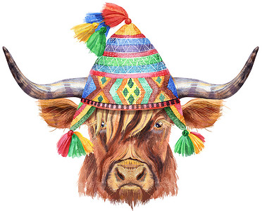 戴着 Chullo 帽子的棕色长角公牛的水彩插图