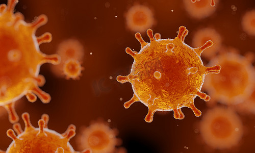 漂浮的细菌摄影照片_冠状病毒 2019-ncov 流感爆发，漂浮流感病毒细胞的微观观察，SARS 大流行风险概念，3D 渲染背景，黄色和橙色