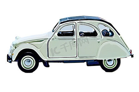 法国制造的传奇 Citroën 2CV 汽车缩小模型玩具在白色背景下的插图