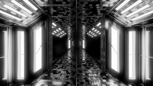 3d房间壁纸摄影照片_具有布洛克纹理和漂亮反射的未来科幻机库隧道走廊 3d 插图背景壁纸