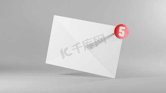 信封 3D 电子邮件图标和五条消息通知