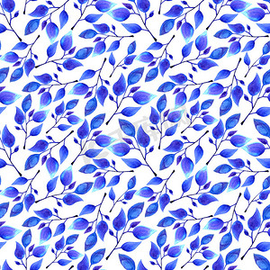 手绘水彩蓝叶无缝花卉图案