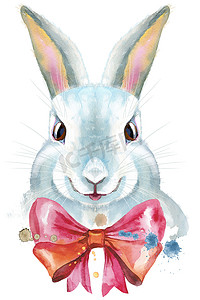 带粉红色蝴蝶结的白兔水彩插图