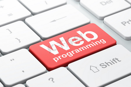 Web 开发概念：计算机键盘背景上的 Web 编程
