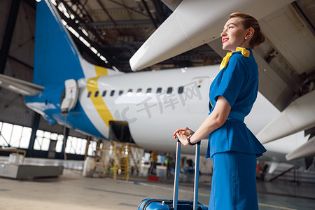 身穿亮蓝色制服的漂亮空姐提着手提箱站在客机前微笑着